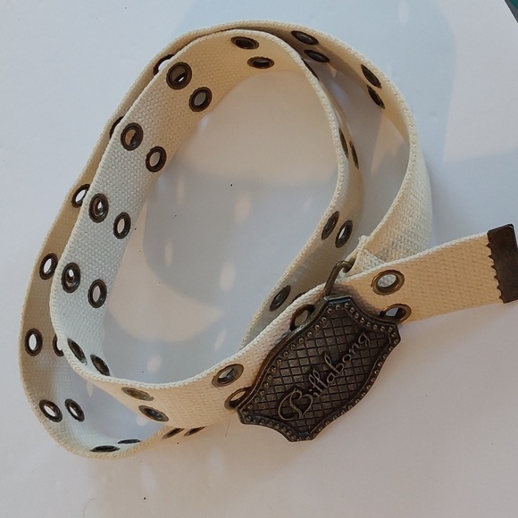 Vintage Billabong Cream Canvas Double Grommet Belt  Bronze Billabong Buckle L/XL - Picture 2 of 5
